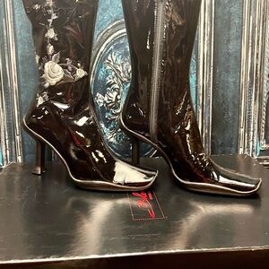 Black Patent Leather Grey Embroidery Mid-calf Boots Size 5